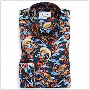 ETON  Japanese Design Print Motif Button Front Dress Shirt 38 / 15 (S) Slim